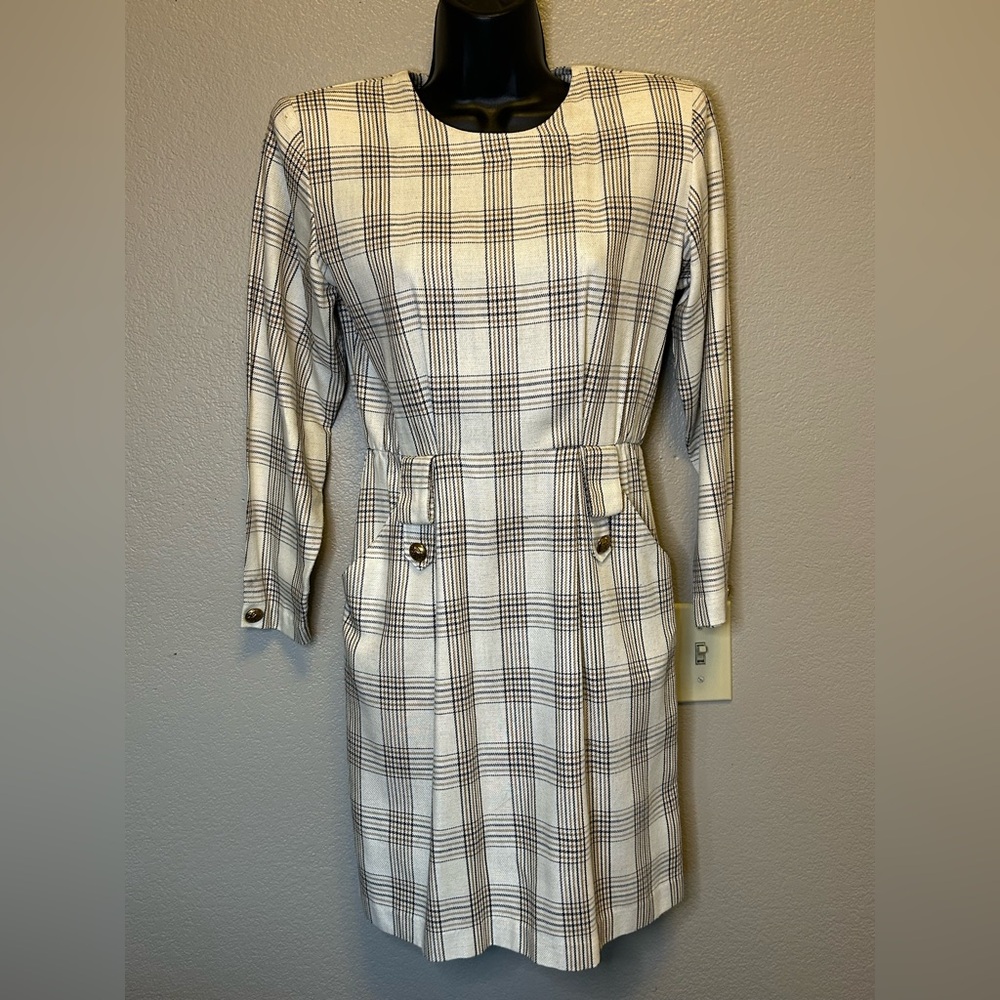 Petite Sophisticate Vintage Plaid Long Sleeve Dress Shoulder Pads Career Sz 2
